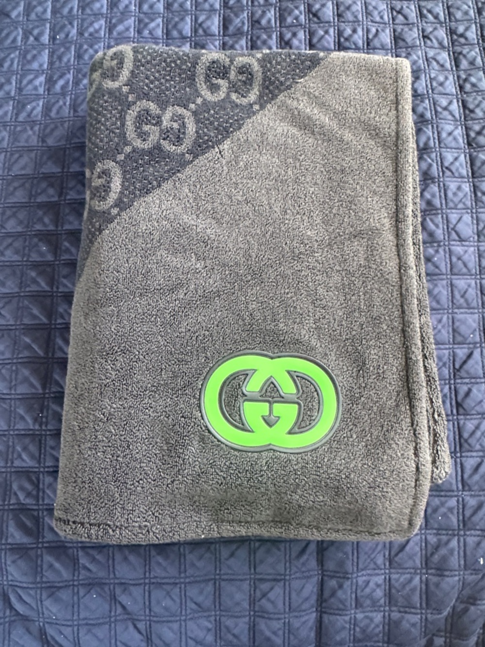 Gucci Gray Towel with Neon Green Double-G Emblem